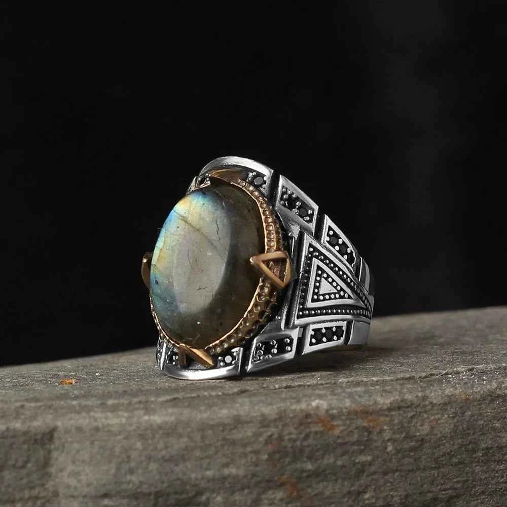 Chevalière Homme en Argent 925 – Pierre Labradorite & Finition Artisanale - BIJOUNOUR