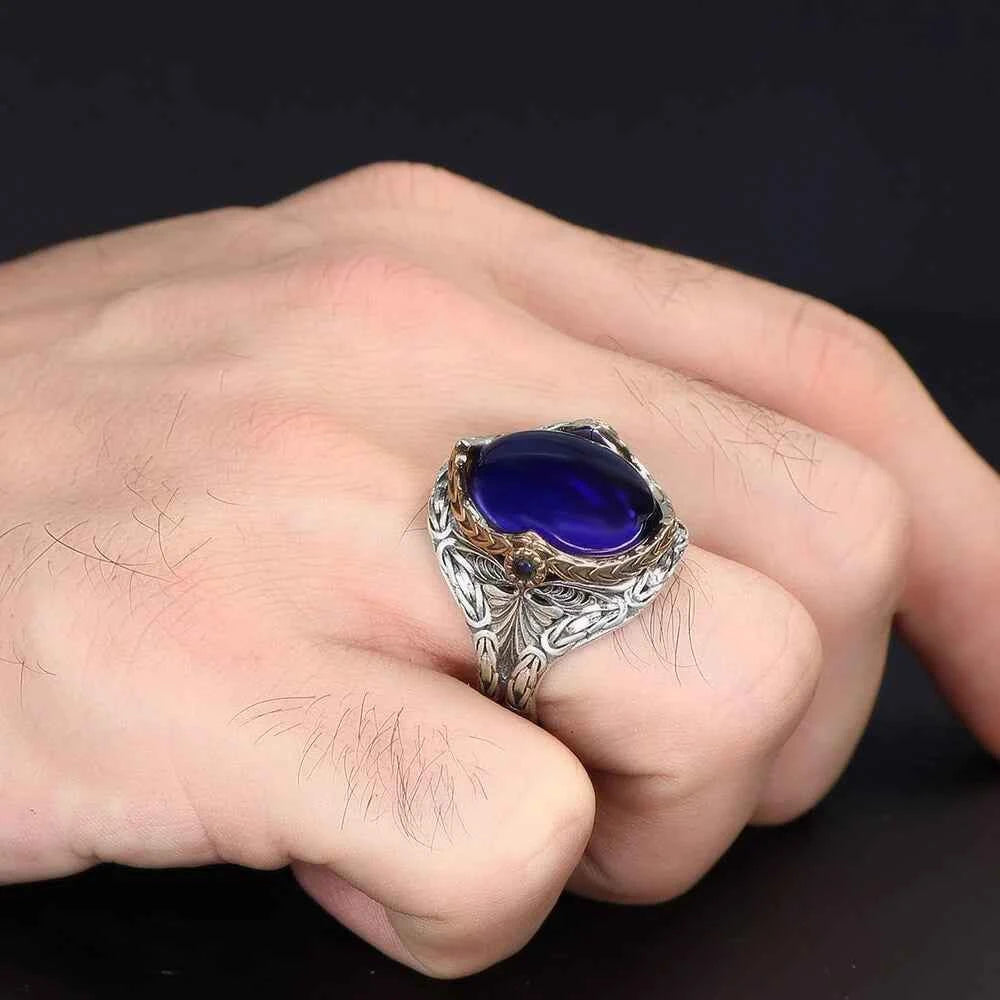 Chevalière Homme en Argent 925 avec Zircon Bleu Parlement - BIJOUNOUR