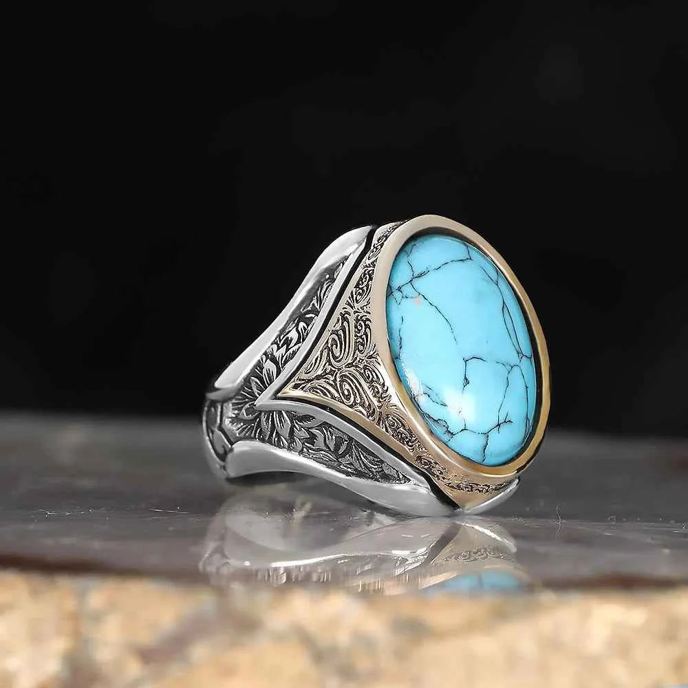 Chevalière Homme en Argent 925 – Turquoise Ovale & Gravure Ottomane - BIJOUNOUR
