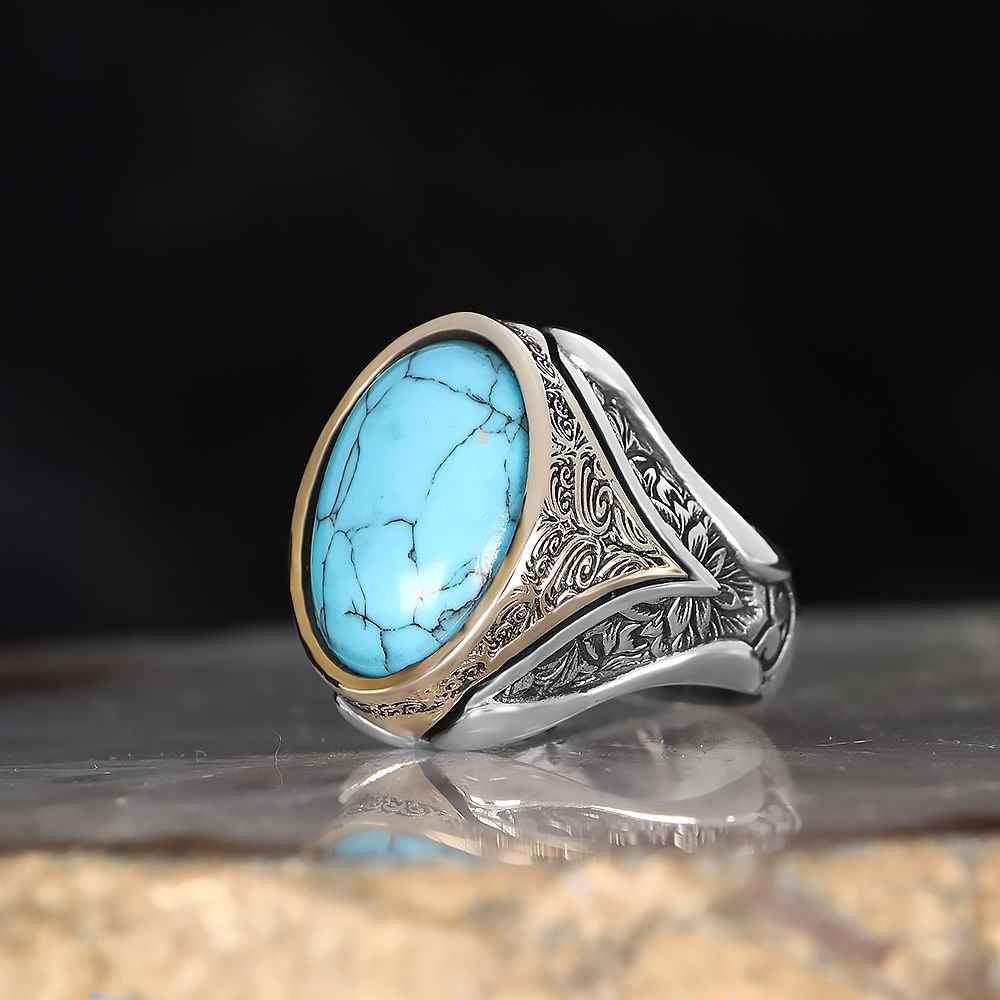 Chevalière Homme en Argent 925 – Turquoise Ovale & Gravure Ottomane - BIJOUNOUR