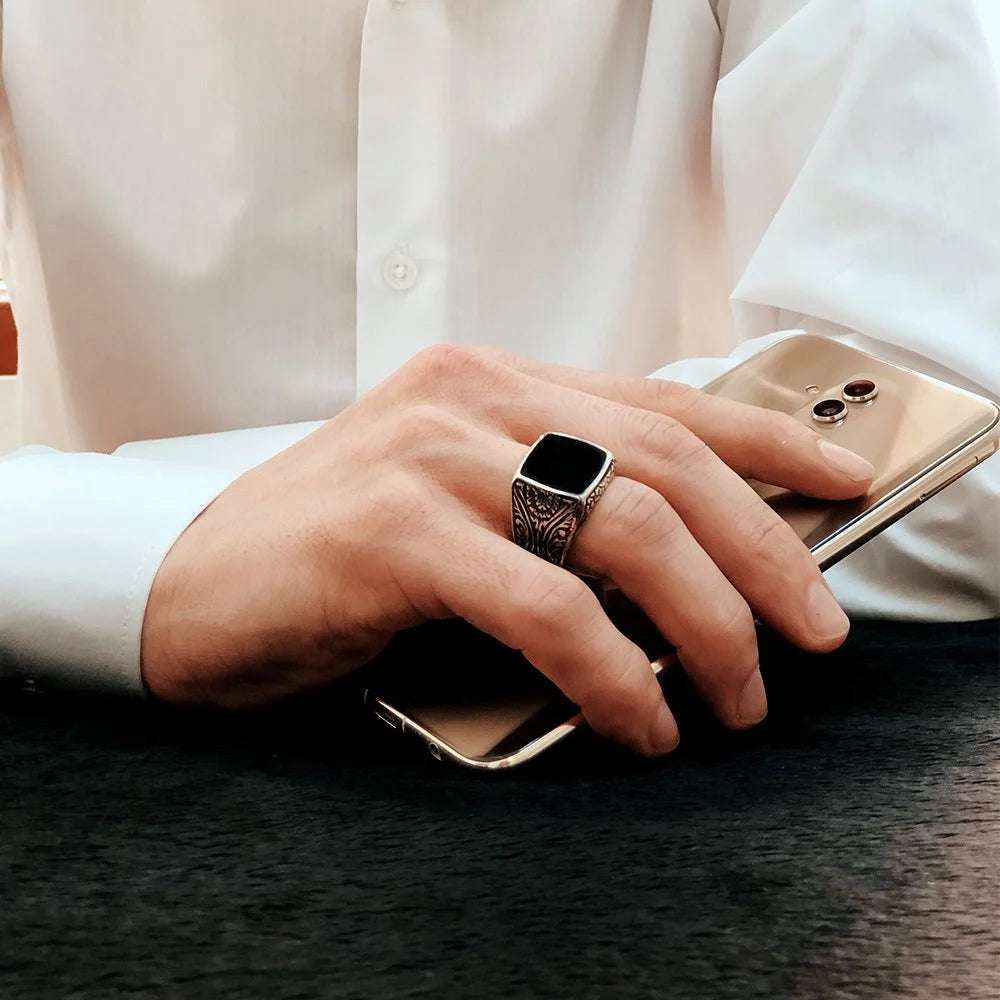 Chevalière Homme en Argent 925 – Émail Coloré & Gravure - BIJOUNOUR