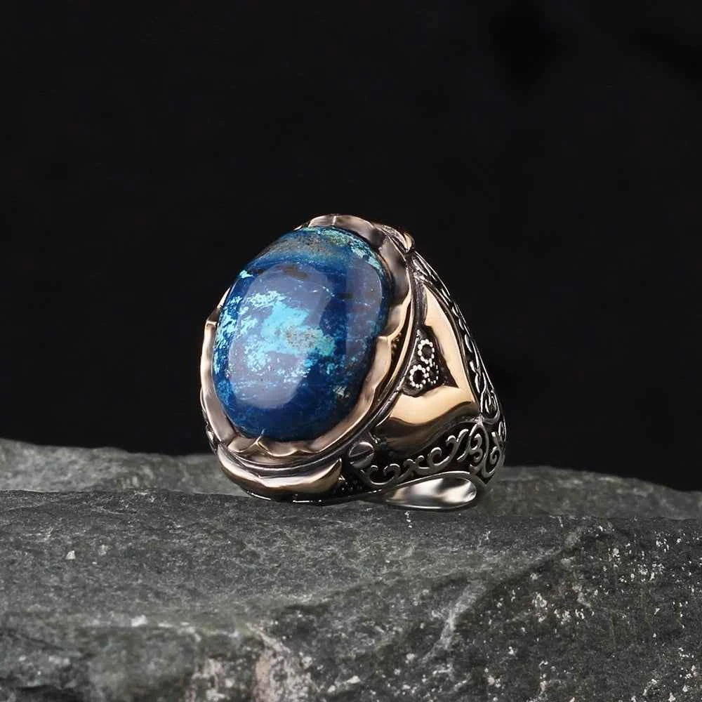 Chevalière Homme en Argent 925 avec Azurite Naturelle - Chevalière Homme en Argent - BIJOUNOUR