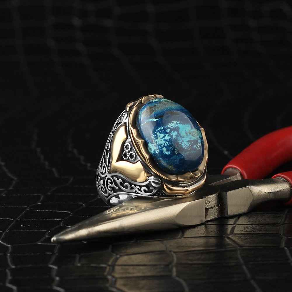 Chevalière Homme en Argent 925 avec Azurite Naturelle - Chevalière Homme en Argent - BIJOUNOUR