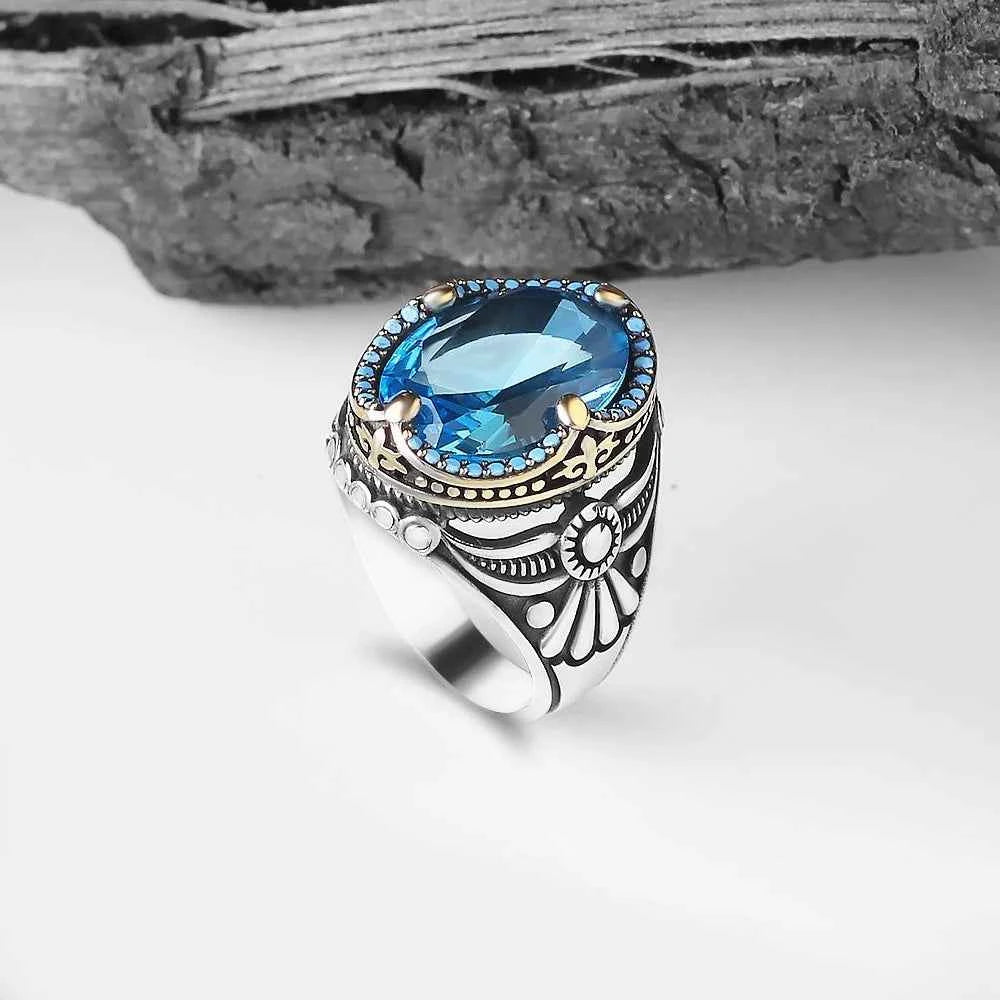 Chevalière Homme en Argent 925 avec Topaze Bleue - BIJOUNOUR