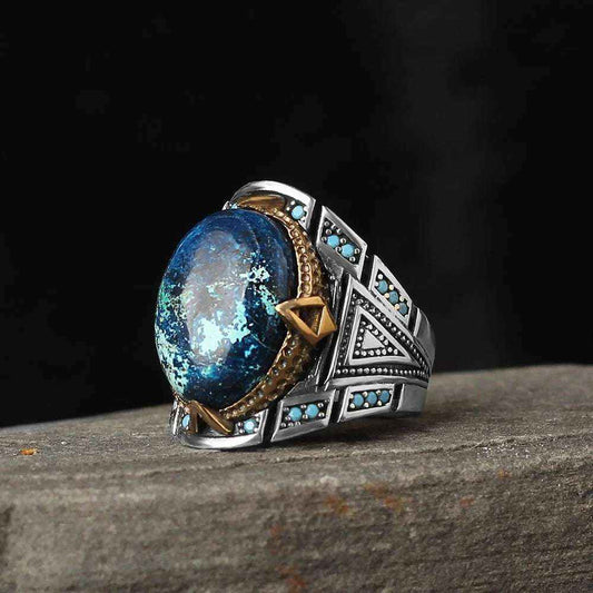 Chevalière Homme en Argent 925 avec Pierre Azurite Naturelle & Finitions Ottomane - BIJOUNOUR