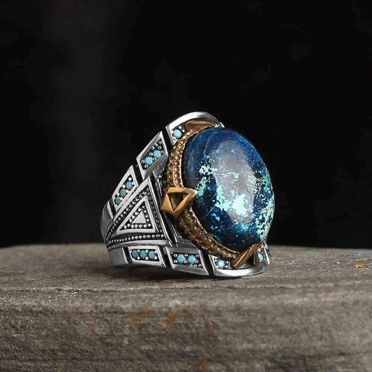 Chevalière Homme en Argent 925 avec Pierre Azurite Naturelle & Finitions Ottomane - BIJOUNOUR