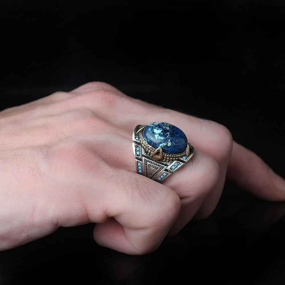 Chevalière Homme en Argent 925 avec Pierre Azurite Naturelle & Finitions Ottomane - BIJOUNOUR