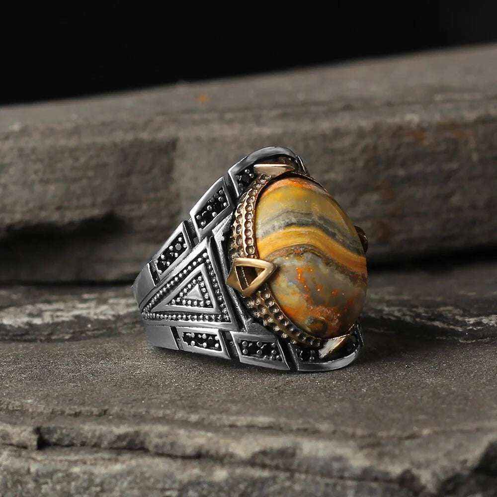 Chevalière Homme en Argent 925 – Pierre Bumblebee Jasper & Design Unique - BIJOUNOUR