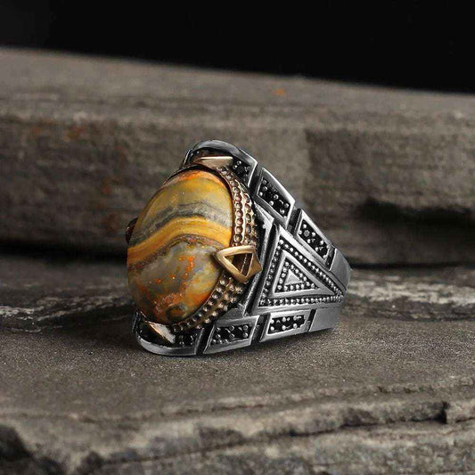 Chevalière Homme en Argent 925 – Pierre Bumblebee Jasper & Design Unique - BIJOUNOUR