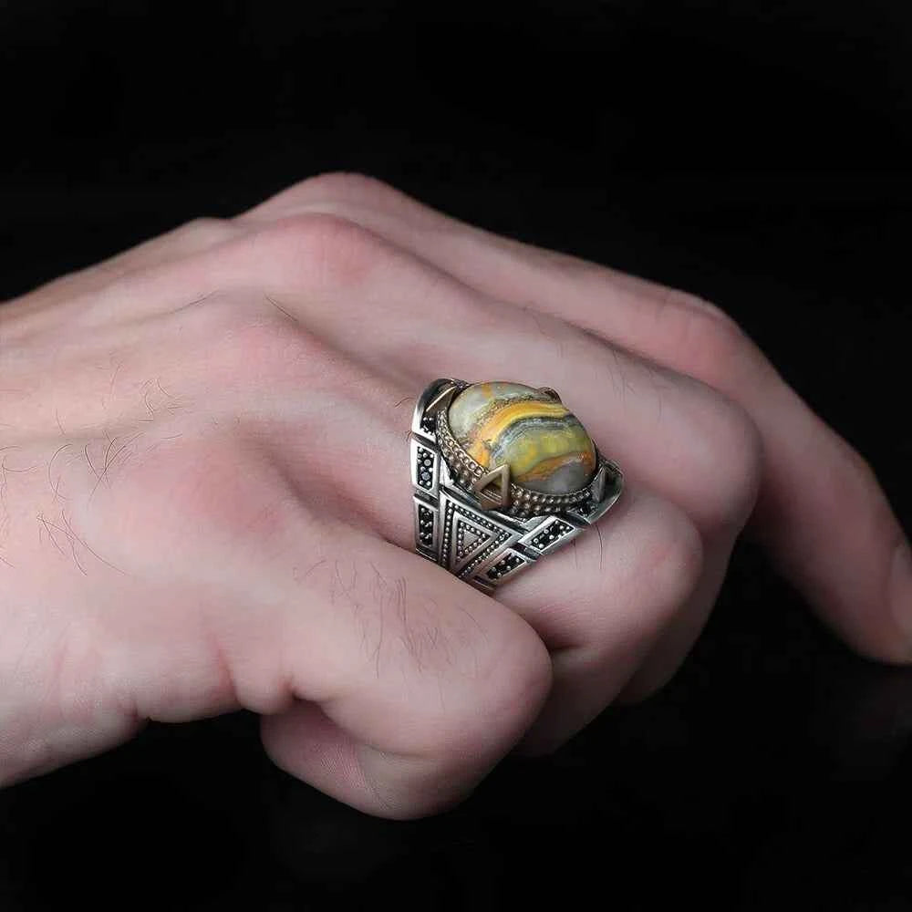 Chevalière Homme en Argent 925 – Pierre Bumblebee Jasper & Design Unique - BIJOUNOUR