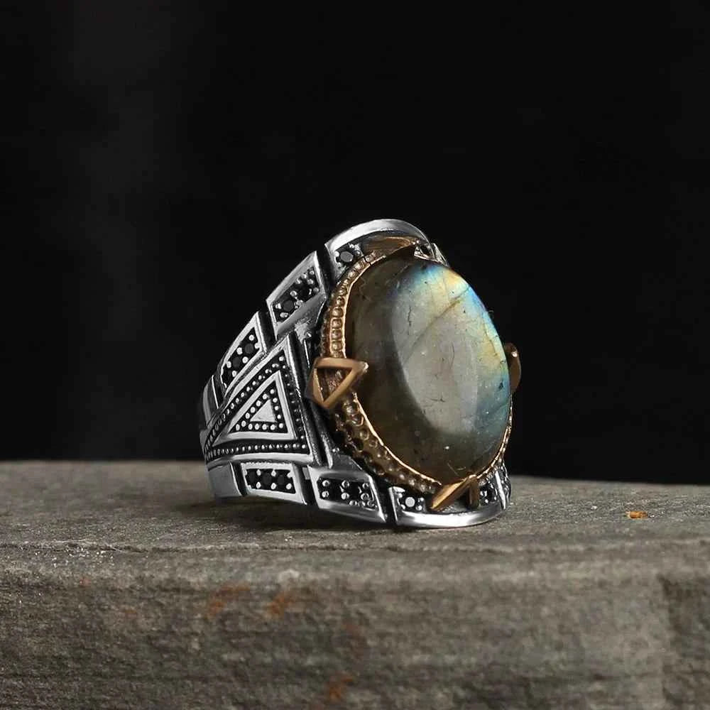 Chevalière Homme en Argent 925 – Pierre Labradorite & Finition Artisanale - BIJOUNOUR