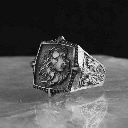 Chevalière Homme en Argent 925 – Symbole du Lion & Gravures Impériales - BIJOUNOUR