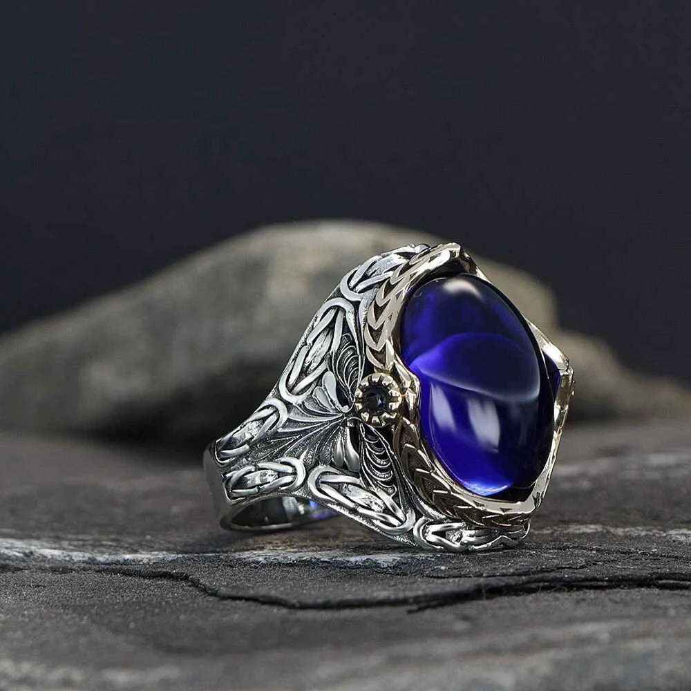 Chevalière Homme en Argent 925 avec Zircon Bleu Parlement - BIJOUNOUR