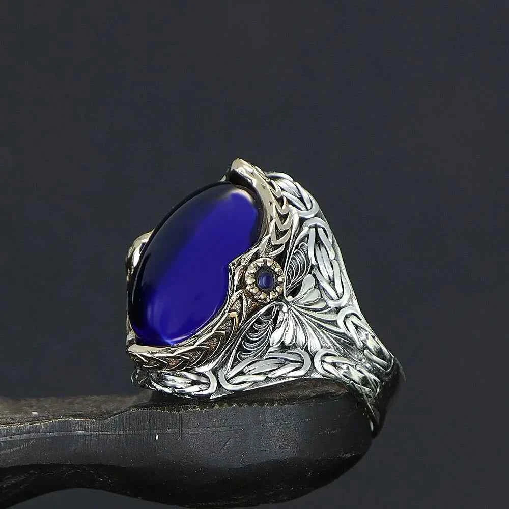 Chevalière Homme en Argent 925 avec Zircon Bleu Parlement - BIJOUNOUR