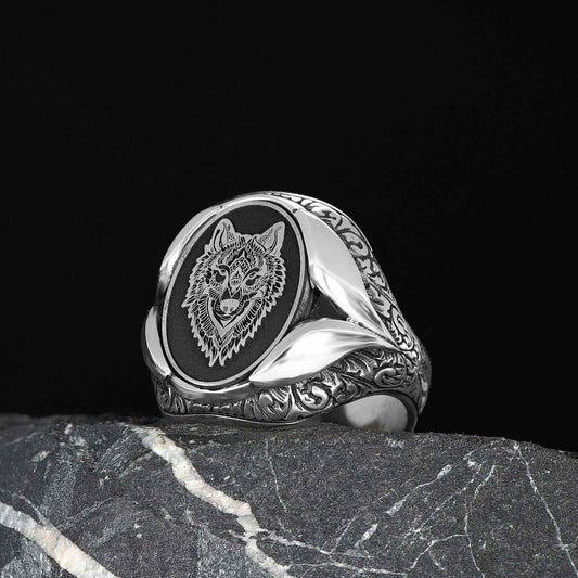 Chevalière Homme en Argent 925 – Symbole du Loup & Gravures Authentiques - BIJOUNOUR
