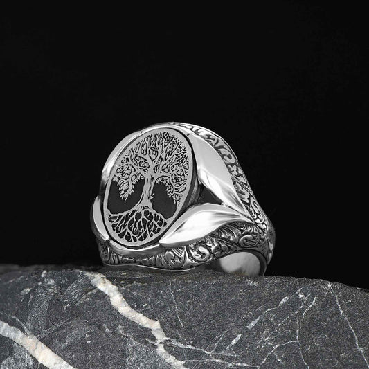 Chevalière Homme en Argent 925 – Symbole de l’Arbre de Vie & Gravures Élégantes - BIJOUNOUR
