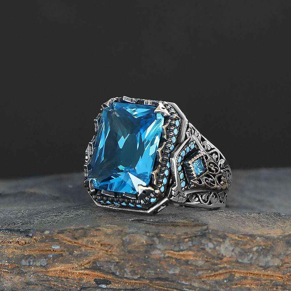 Chevalière Homme en Argent 925 – Pierre Aqua Carrée & Gravures Artisanales - BIJOUNOUR