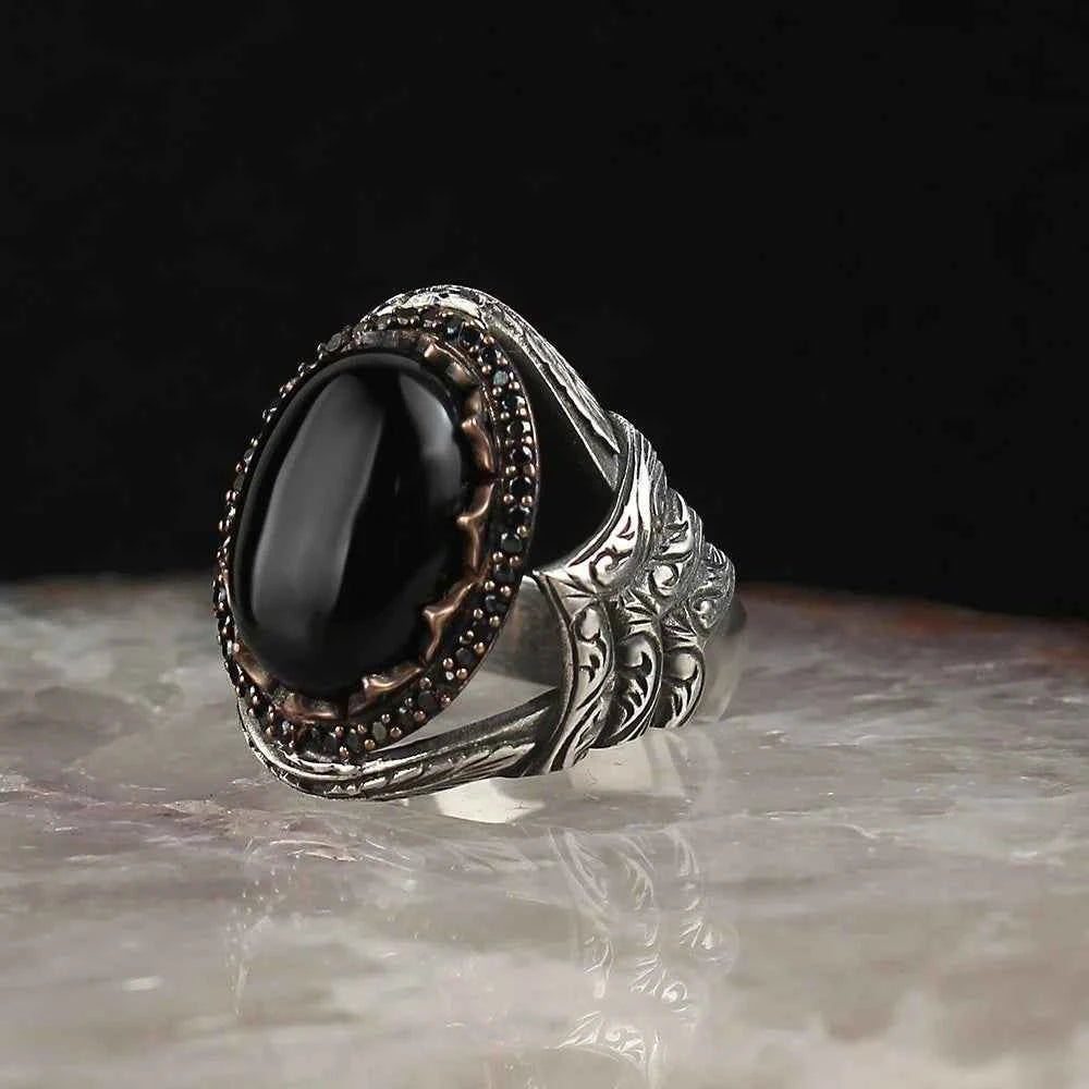 Chevalière Homme en Argent 925 – Agate Verte & Gravure - BIJOUNOUR