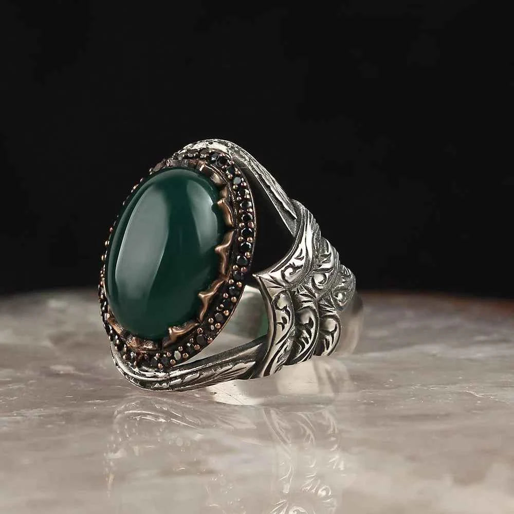Chevalière Homme en Argent 925 – Agate Verte & Gravure - BIJOUNOUR