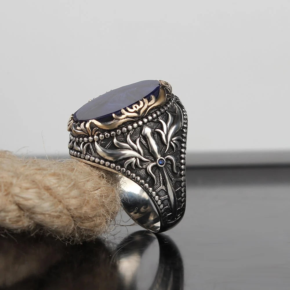 Chevalière Homme en Argent 925 – Ambre Naturel & Motif Épée Ottomane - BIJOUNOUR