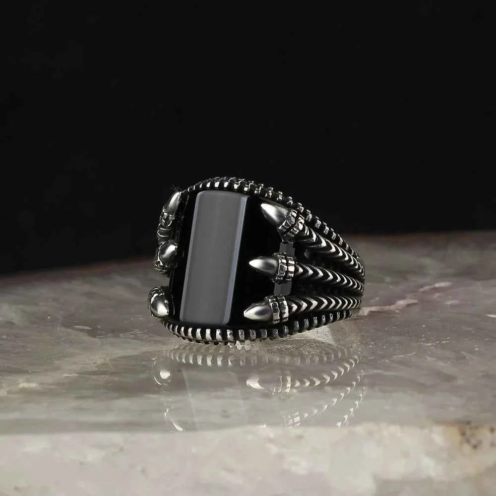 Chevalière Homme en Argent 925 avec Griffe & Pierre Naturelle Authentique - BIJOUNOUR