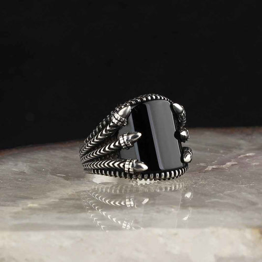 Chevalière Homme en Argent 925 avec Griffe & Pierre Naturelle Authentique - BIJOUNOUR