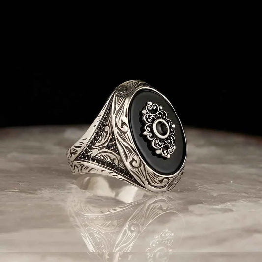 Chevalière Homme en Argent 925 – Onyx Noir & Gravure - BIJOUNOUR