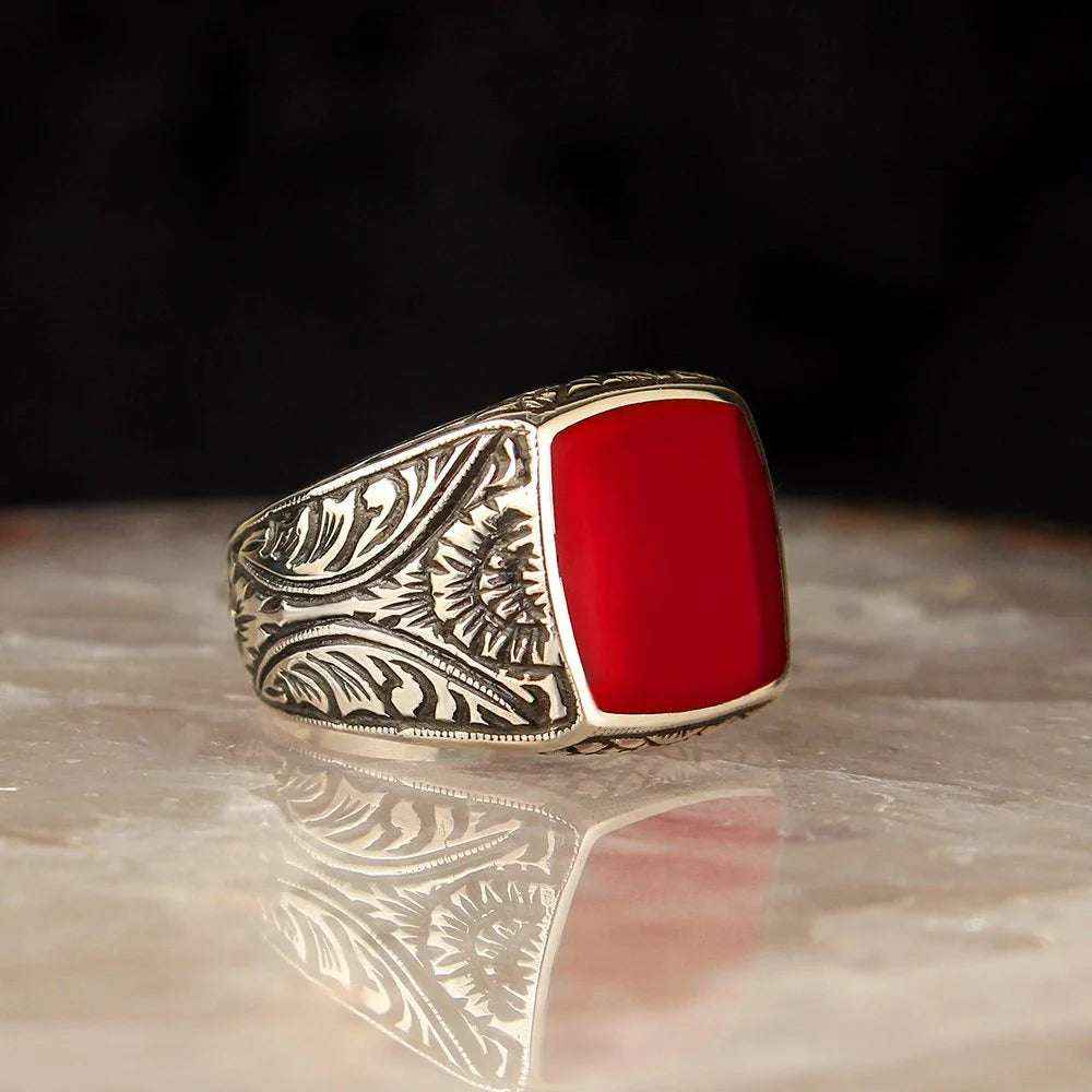 Chevalière Homme en Argent 925 – Émail Coloré & Gravure (Rouge) - BIJOUNOUR
