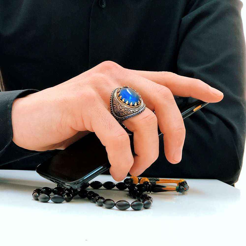 Chevalière Homme en Argent 925 – Zircon Bleu & Gravure - BIJOUNOUR