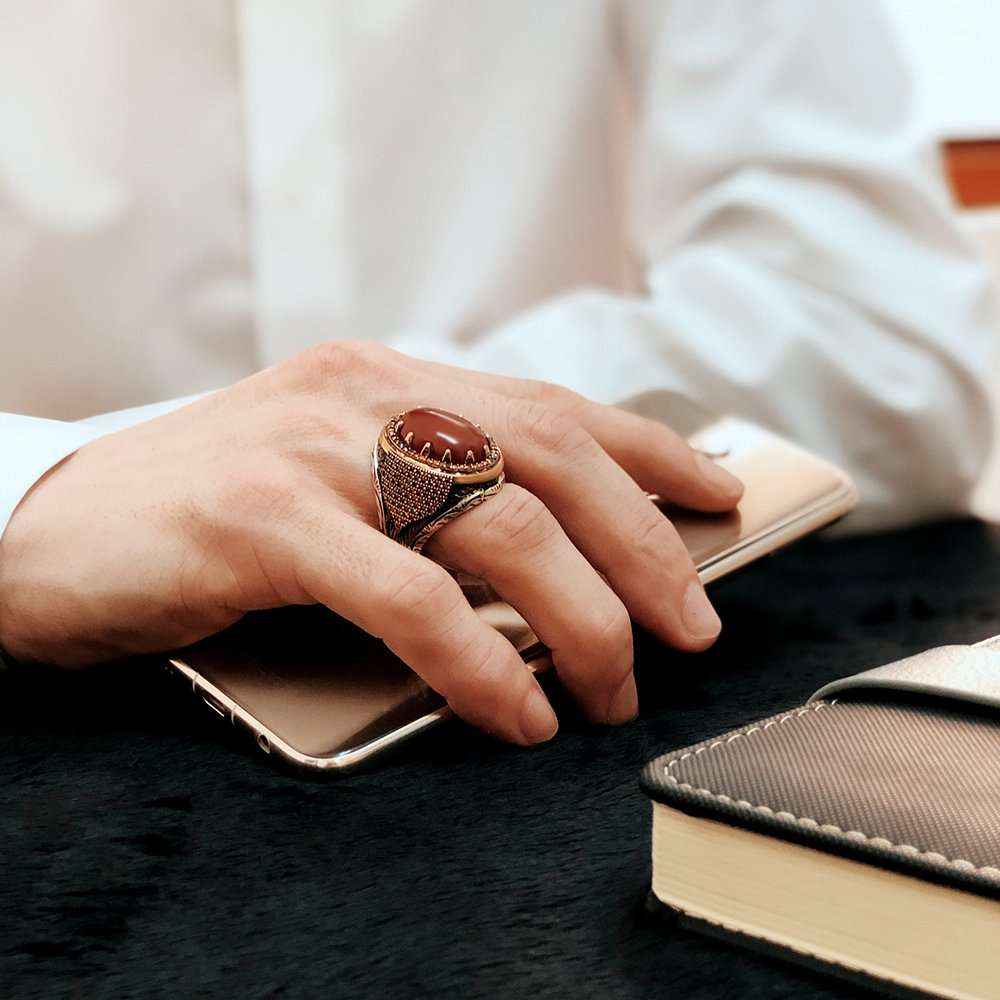 Chevalière Homme en Argent 925 – Agate Naturelle & Gravure - BIJOUNOUR